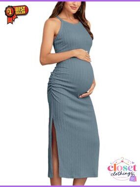 AISWI Ribbed Maternity Halter Bodycon Midi Dress Ruched Slit Summer